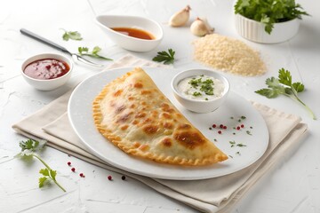 Delicious Fried Cheburek with Dipping Sauces and Herbs