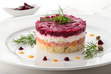 Elegant Layered Beetroot and Potato Salad with Dill Garnish