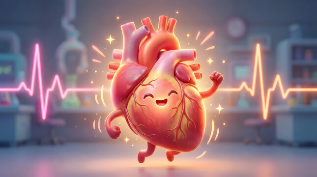 Happy cartoon heart character dancing with a vibrant EKG line in the background