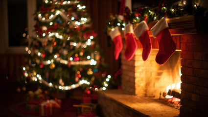 Cozy Christmas Eve Scene with Lit Fireplace and Stockings Hanging on Mantle