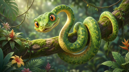 Fototapeta premium Cartoon green snake coiled on a mossy tree branch in a lush jungle setting