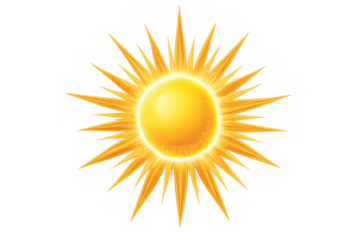 Bright summer sun radiating heat and light with shiny orange rays, isolated weather symbol on transparent background