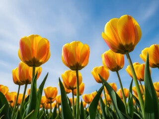 Fototapeta premium Yellow Tulips Against Blue Sky Spring Flowers, Nature Background