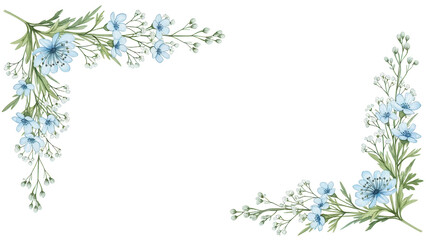 Botanical watercolor border corner with wildflowers and baby's breath in a light pastel blue color scheme isolated on white background