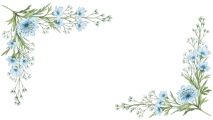 Botanical watercolor border corner with wildflowers and baby's breath in a light pastel blue color scheme isolated on white background