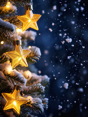 Magic Christmas Tree with Glowing Star Ornaments in Falling Snow