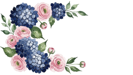 Botanical watercolor corner composition with hydrangeas and ranunculus in navy and blush pink isolated on white background