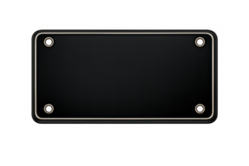 Blank black vehicle license plate with a silver frame and rivets, ready for custom text or numbers. Transparent background