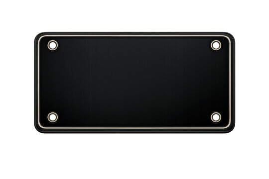 Blank black vehicle license plate with a silver frame and rivets, ready for custom text or numbers. Transparent background
