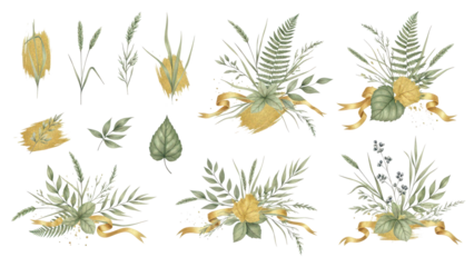 Watercolor floral illustration set   grasses, ferns and leaves for your own design Gold ribbons and splashes Wedding stationery, greeting cards, wallpaper or background