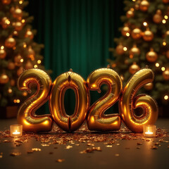 Golden Foil Balloons 2026 for New Year Celebration with Christmas Tree