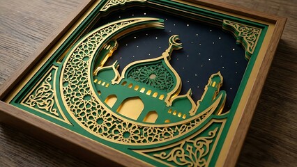 Exquisite 3D layered paper art showcasing an ornate mosque and crescent moon silhouette against a star-filled night sky, symbolizing spiritual tranquility and cultural richness