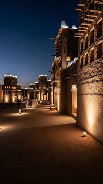 Cinematic night view of the illuminated At-Turaif District, a UNESCO World Heritage site in Diriyah, Saudi Arabia.


