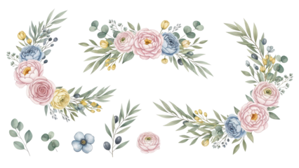 Watercolor floral bouquet illustration set   blush pink blue yellow flower green leaf leaves branches bouquets collection Wedding stationary, greetings, wallpapers, fashion, background
