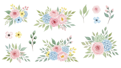 Watercolor floral bouquet illustration set   blush pink blue yellow flower green leaf leaves branches bouquets collection Wedding stationary, greetings, wallpapers, fashion, background