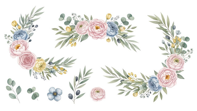 Watercolor floral bouquet illustration set   blush pink blue yellow flower green leaf leaves branches bouquets collection Wedding stationary, greetings, wallpapers, fashion, background