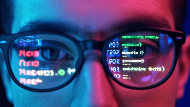   A close-up of a person&rsquo;s eyes behind glasses reflecting glowing code on a screen in blue-pink light.