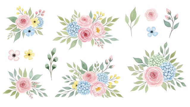 Watercolor floral bouquet illustration set   blush pink blue yellow flower green leaf leaves branches bouquets collection Wedding stationary, greetings, wallpapers, fashion, background