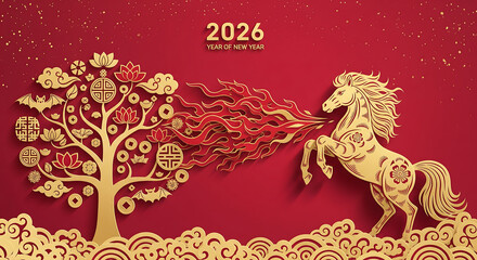 2026 Chinese New Year Greeting Card: Illustrative Gold Horse Symbol and Floral Tree Elements on Red Background