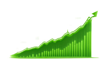 Green financial growth chart with ascending bar graph and arrow showing positive market trend, transparent background