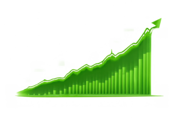 Green financial growth chart with ascending bar graph and arrow showing positive market trend, transparent background