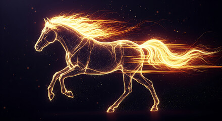 Abstract Glowing Golden Horse Silhouette - High-Speed Running, Energy and Motion Concept