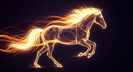 Abstract Glowing Horse Silhouette Running Across Dark Background - Digital Illustration, Energy Concept, Speed