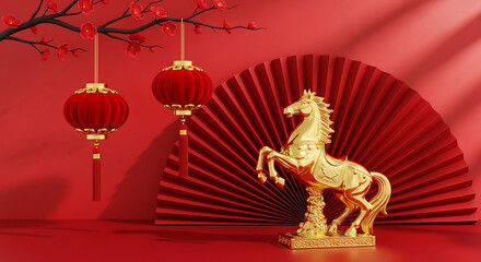 Chinese New Year Decoration with Golden Horse Statue, Red Lanterns and Fan: Traditional Celebration Background