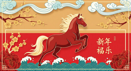Chinese New Year Decoration with Horse, Flowers, and Traditional Design. Festive Holiday Background