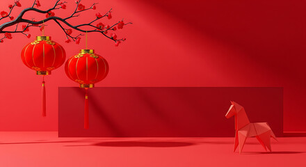 Chinese New Year Decoration with Lanterns and Origami Horse on Red Background - Festive Season Design