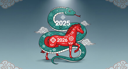 Chinese Zodiac 2025 and 2026: Snake and Horse Illustration, Symbolizing Lunar New Year Traditions