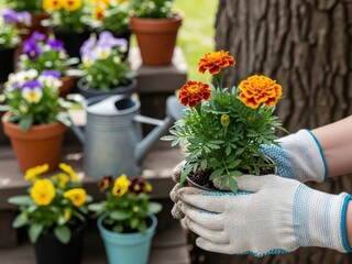 Woman Holding Marigold Plant in Pot, Gardening, Spring Flowers Background