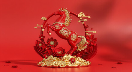 Elegant 3D Render of a Red Horse: Perfect for Lunar New Year and Chinese New Year Celebrations, Designs, and Greetings.