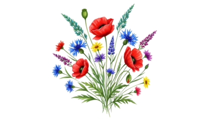 Vibrant summer wildflower bouquet with poppies and cornflowers Hand painted floral arrangement for greeting cards and sublimation printing