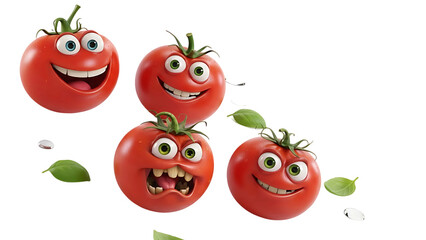 cute crazy png isolated Tomatoes with smiling faces and angry faces on a transparent background, Generative AI