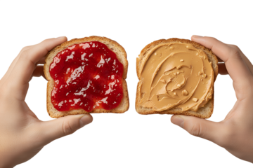 Hands holding peanut butter and jam toasts, ideal for casual meals, back-to-school, or american food concepts