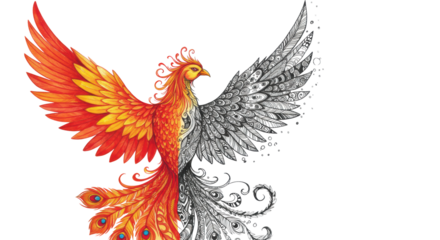 Majestic phoenix, vibrant watercolor left, intricate black ink right, ethereal wash background, transparent copy space, concept of duality and artistic innovation