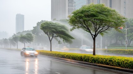 Wind-swept trees along a busy street during heavy rain, with blurred cars passing by, creating a dynamic and dramatic weather scene