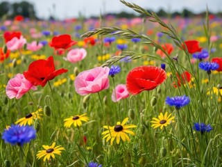 Fototapeta premium Colorful Wildflower Meadow Poppies, Cornflowers, and Black-Eyed Susans