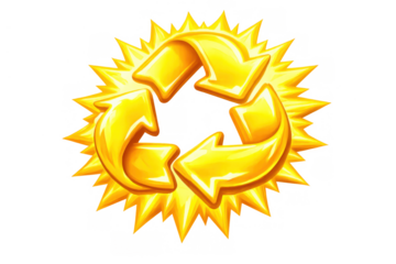 Golden recycling symbol glowing with sharp rays, representing sustainability, environmental protection, and circular economy concept