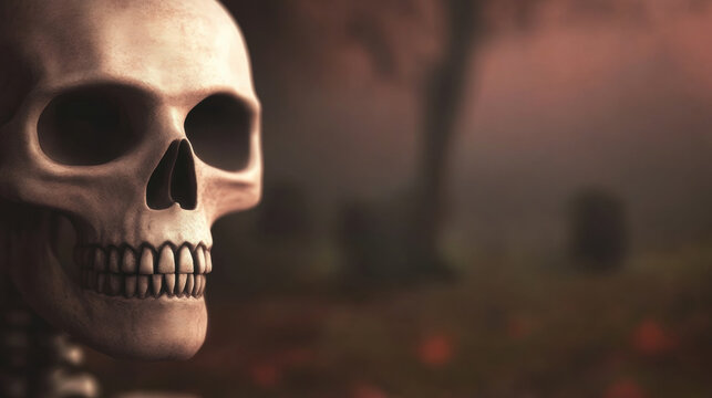 Skull in a spooky graveyard setting during the autumn evening tw