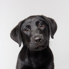 Fototapeta premium Curious black puppy with expressive eyes gazes in a bright studio setting bringing joy and warmth to the moment shared