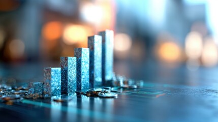 Bar graph with coins on a table showing financial growth and progress