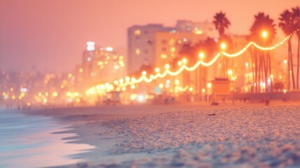 Evening stroll on the beach with lights and palm trees in the background
