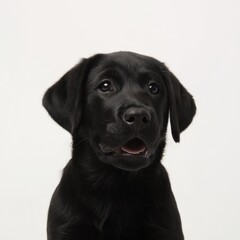 Joyful black Labrador puppy with expressive eyes looking playfully at the viewer in a bright studio setting