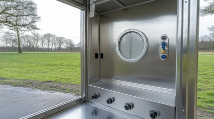 A metallic portable decontamination unit with a circular window and control panel sits in an outdoor field