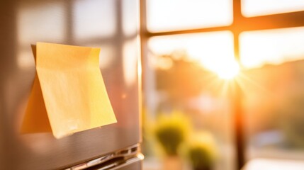 Sunlight shines on a fridge with a note in a warm kitchen setting