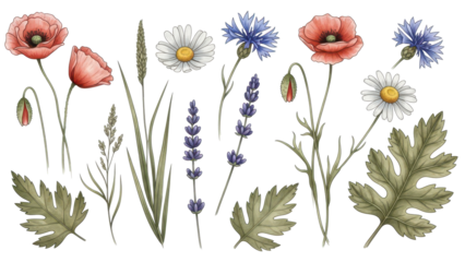Set watercolor wild flowers, leaves and grass Collection botanic garden elements Vector isolated illustration in vintage style