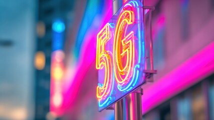Bright sign showing 5G connection in a city street during sunset