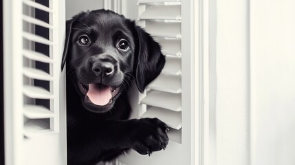 Joyful black puppy peeking through window shutters, capturing hearts with playful charm